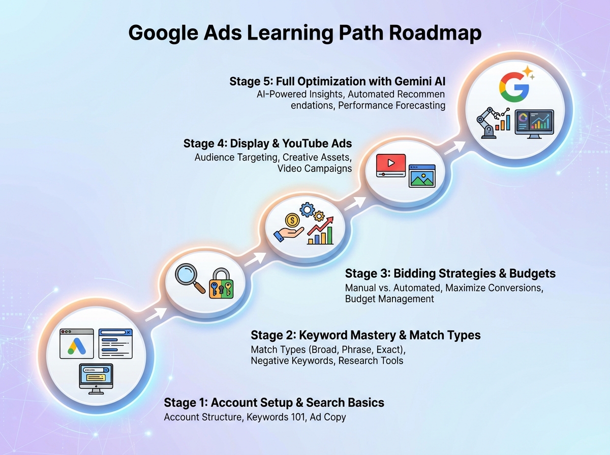 Google Ads learning path roadmap showing 5 sequential stages from account setup and Search campaigns through keyword mastery, bidding strategies, Display and YouTube, to full campaign optimization with Gemini AI