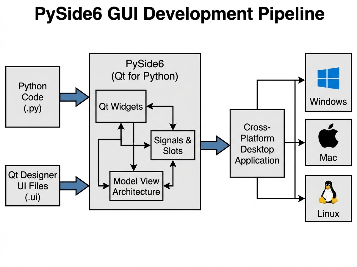 PySide6 GUI development pipeline diagram showing Python code flowing through Qt widgets, signals and slots, Qt Designer UI files, and Model View Architecture into a cross-platform desktop application running on Windows, Mac, and Linux