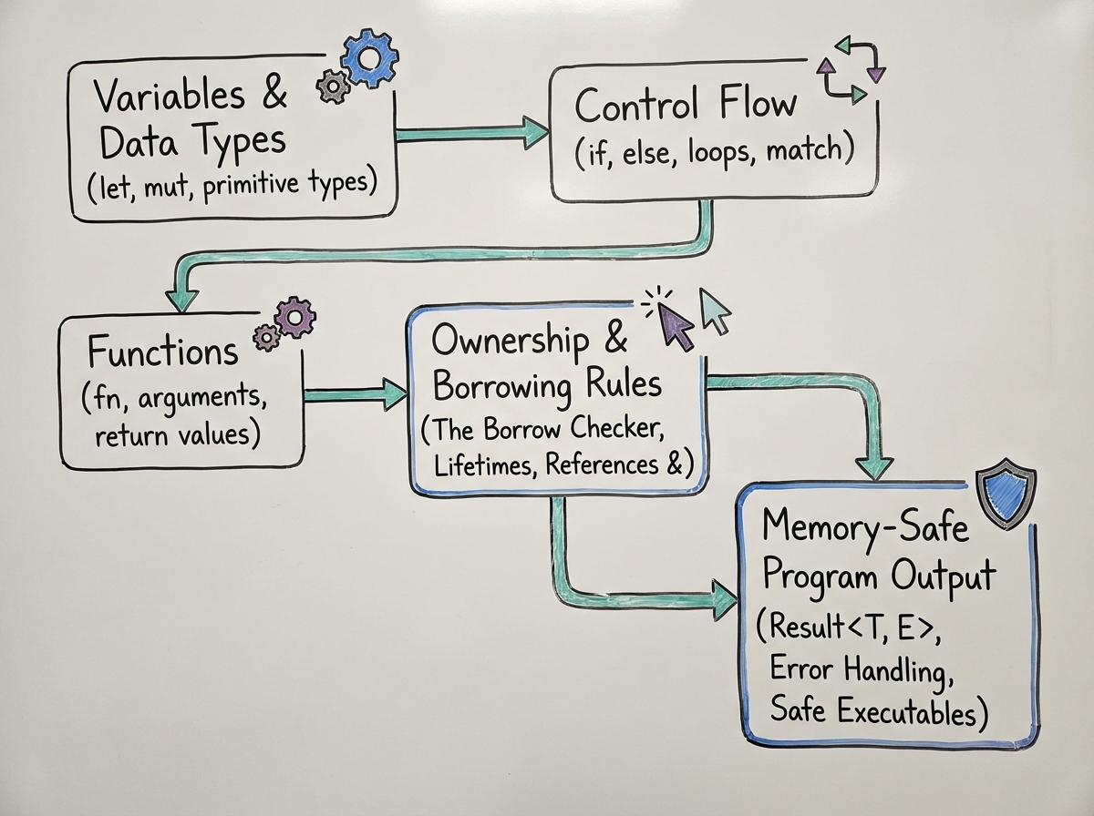 Rust programming language learning path diagram showing progression from variables and data types through control flow, functions, ownership and borrowing rules to memory-safe program output