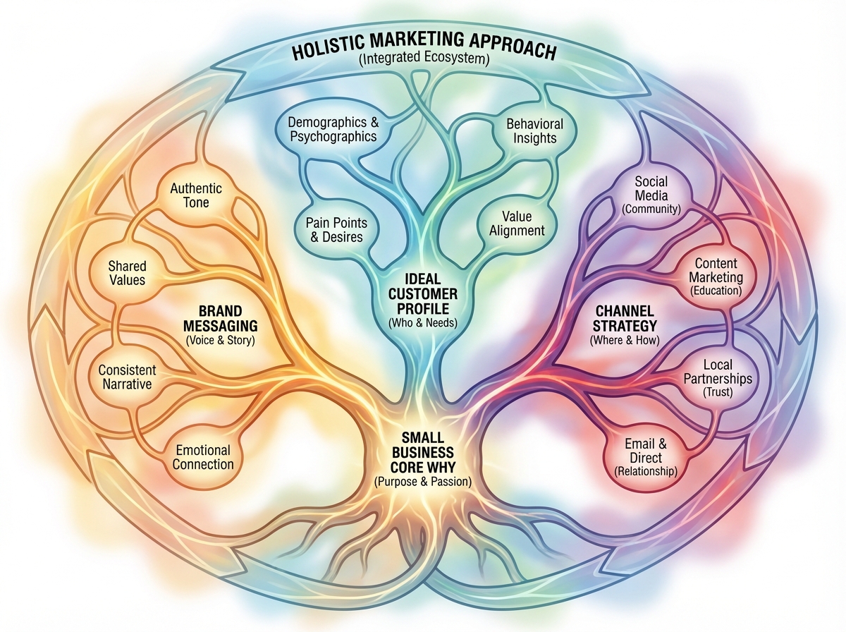Visual concept map showing how a small business owner's core WHY branches into brand messaging, ideal customer profile, and channel strategy in a holistic marketing approach