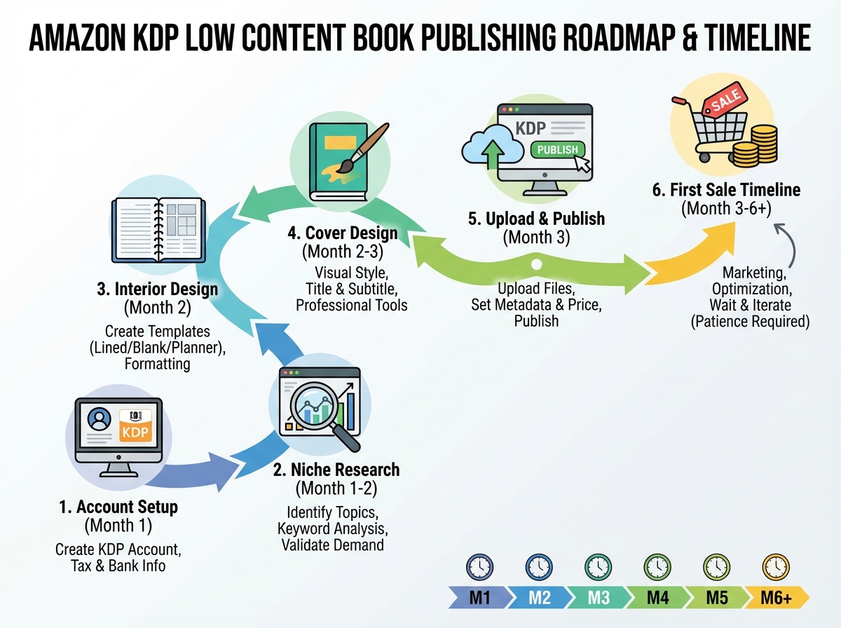 Amazon KDP low content book publishing roadmap showing sequential stages from account setup through niche research interior design cover upload to first sale timeline