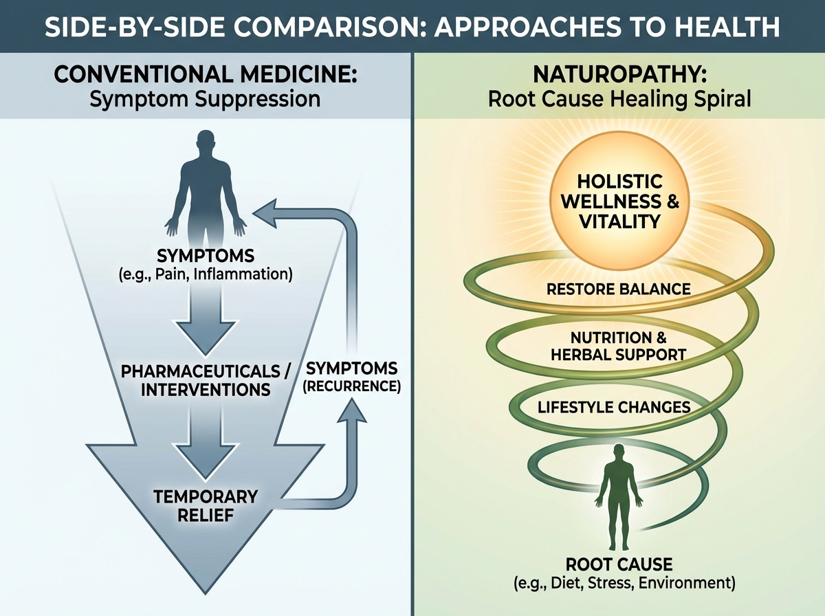 Side-by-side comparison of conventional medicine vs naturopathy approach: symptom suppression diagram on the left vs root cause naturopathy healing spiral on the right