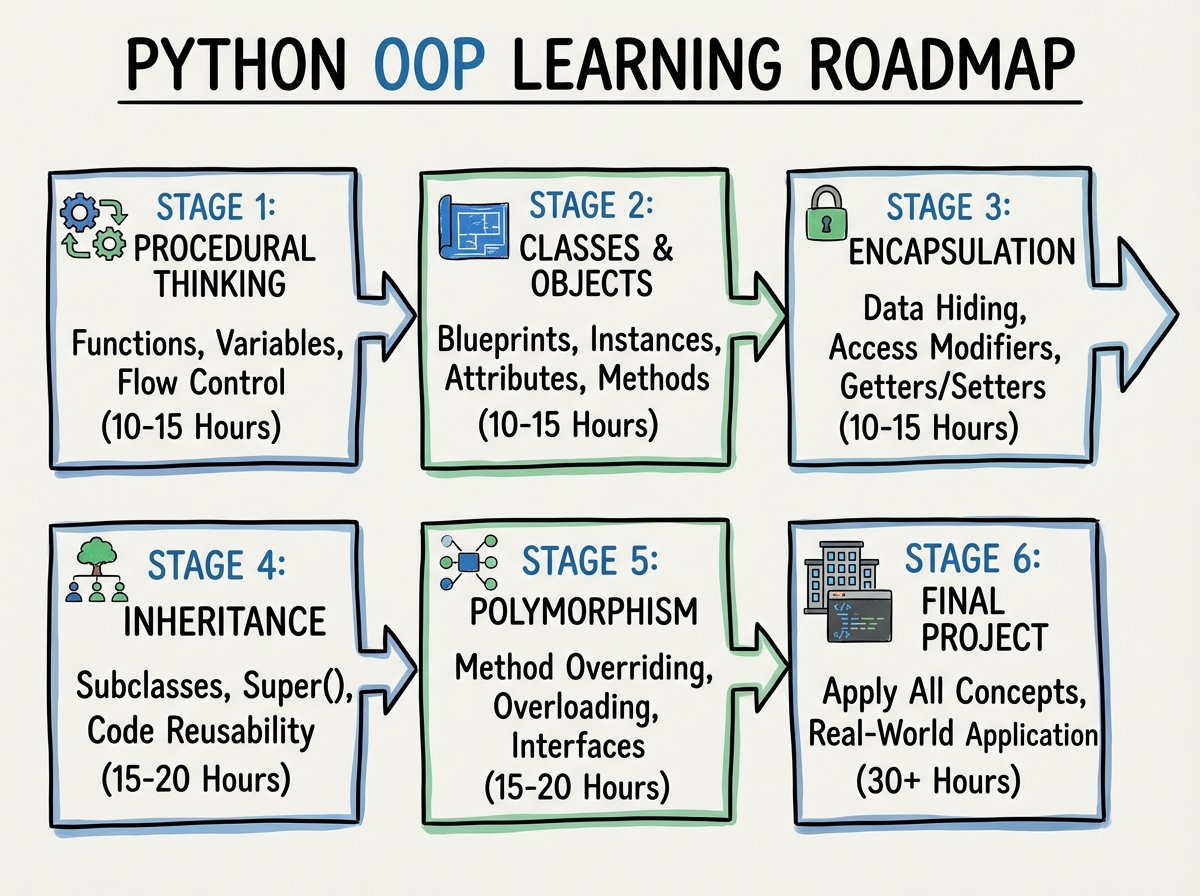 Python OOP learning roadmap showing six sequential stages from procedural thinking through classes, encapsulation, inheritance, polymorphism, to final project with estimated hours per stage