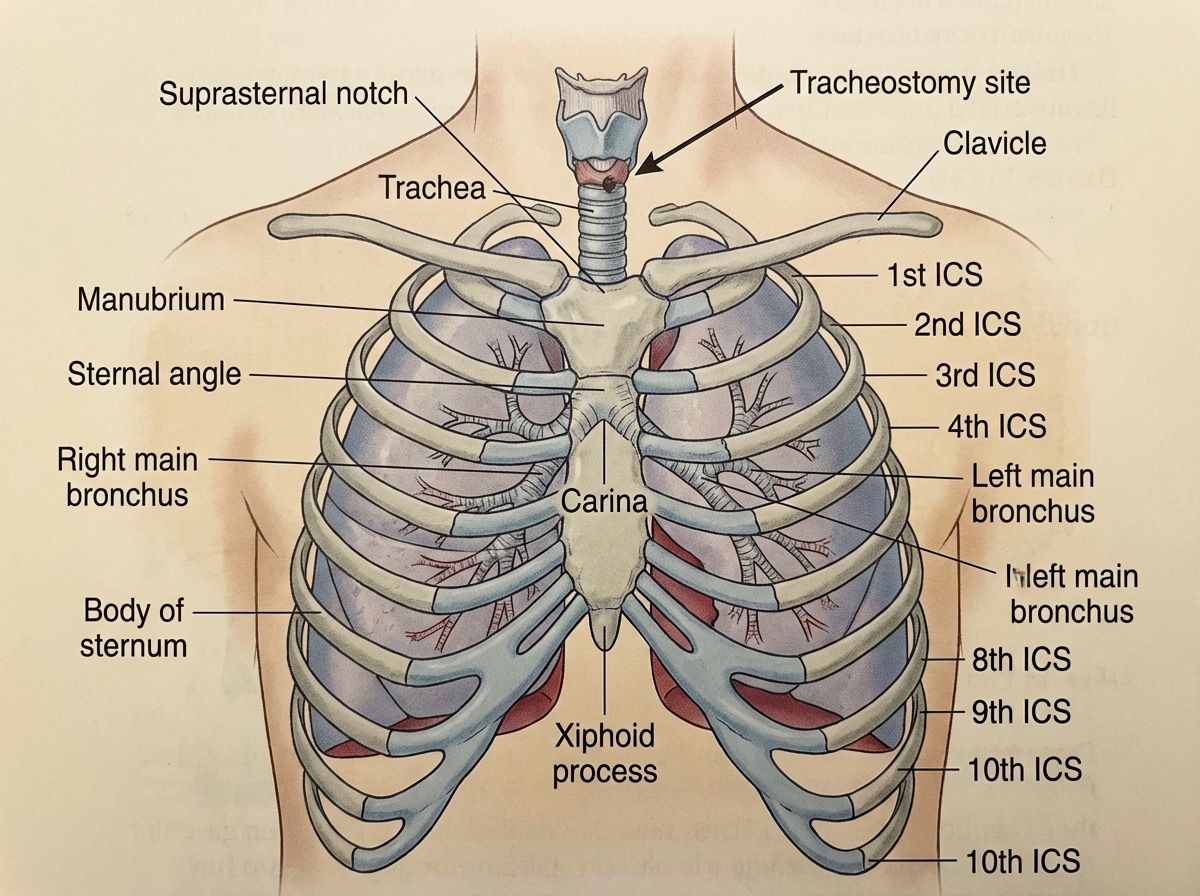 Thorax anatomy diagram for anesthesia showing bronchial tree, tracheal bifurcation at carina, intercostal spaces, and tracheostomy site with labeled surface and skeletal landmarks