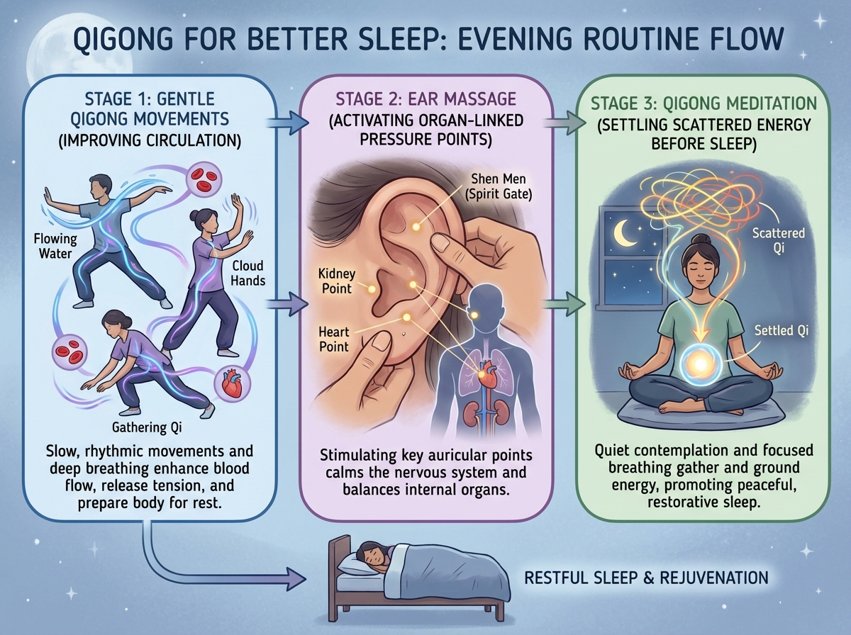 Qigong for better sleep evening routine diagram showing three-stage flow: gentle Qigong movements improving circulation, ear massage activating organ-linked pressure points, and Qigong meditation settling scattered energy before sleep
