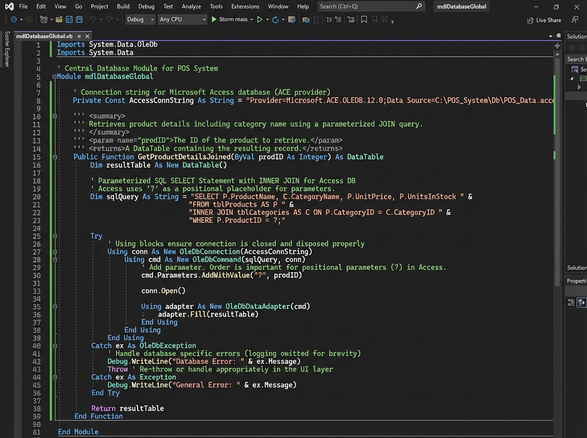 VB.NET central module SQL query function showing parameterized SELECT JOIN statement retrieving product name, category, price, and stock from Microsoft Access point of sale database