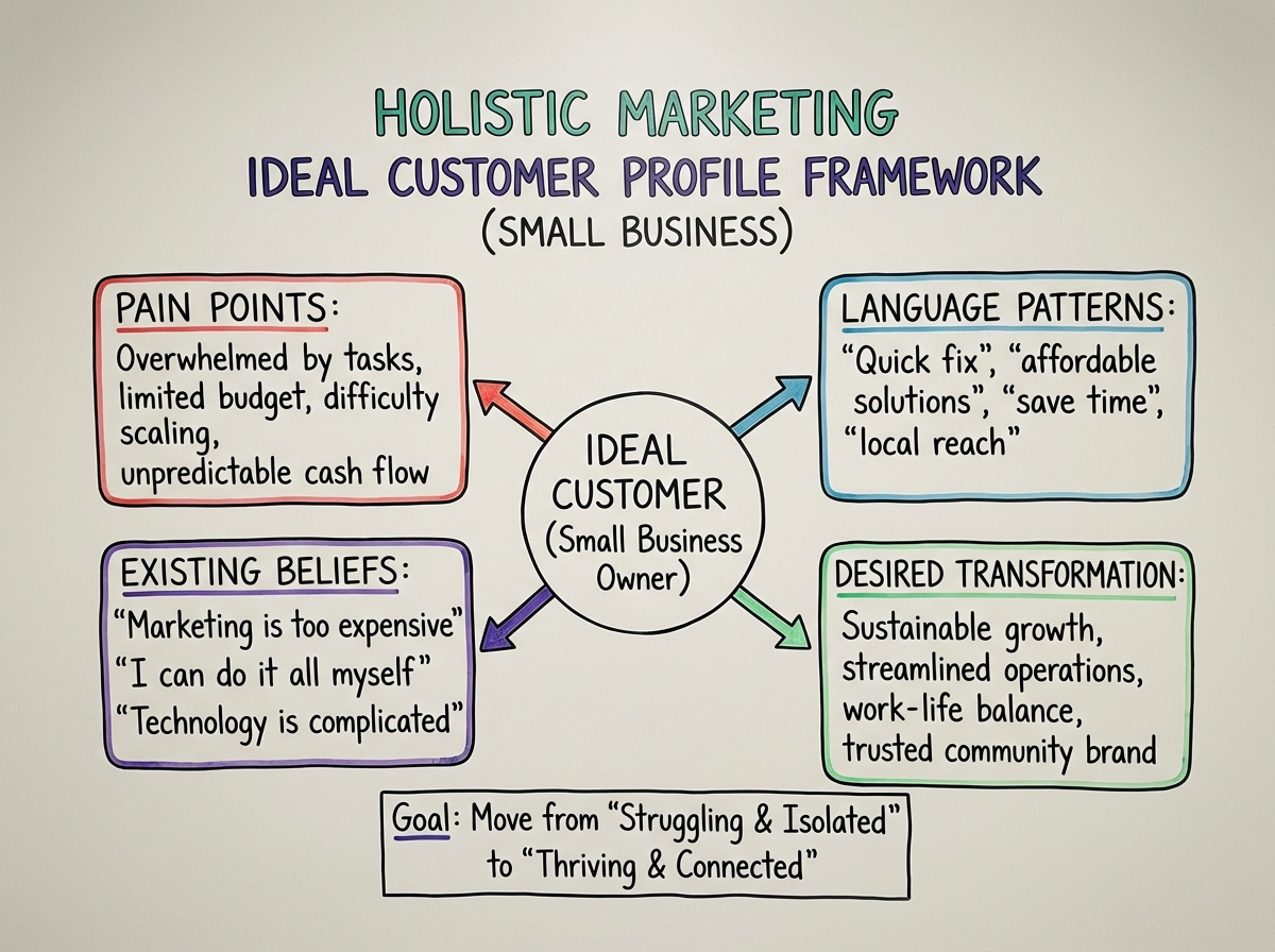Holistic marketing ideal customer profile framework diagram showing pain points, existing beliefs, language patterns, and desired transformation mapped for a small business target audience