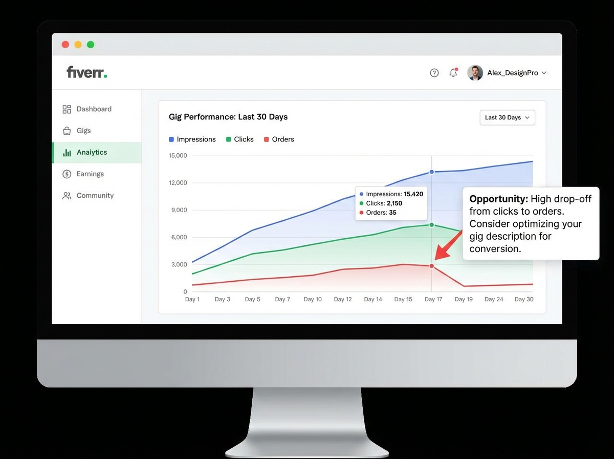 Fiverr gig analytics dashboard showing impressions, clicks, and orders over a 30-day period with a visible drop-off point between clicks and orders indicating a description optimization opportunity