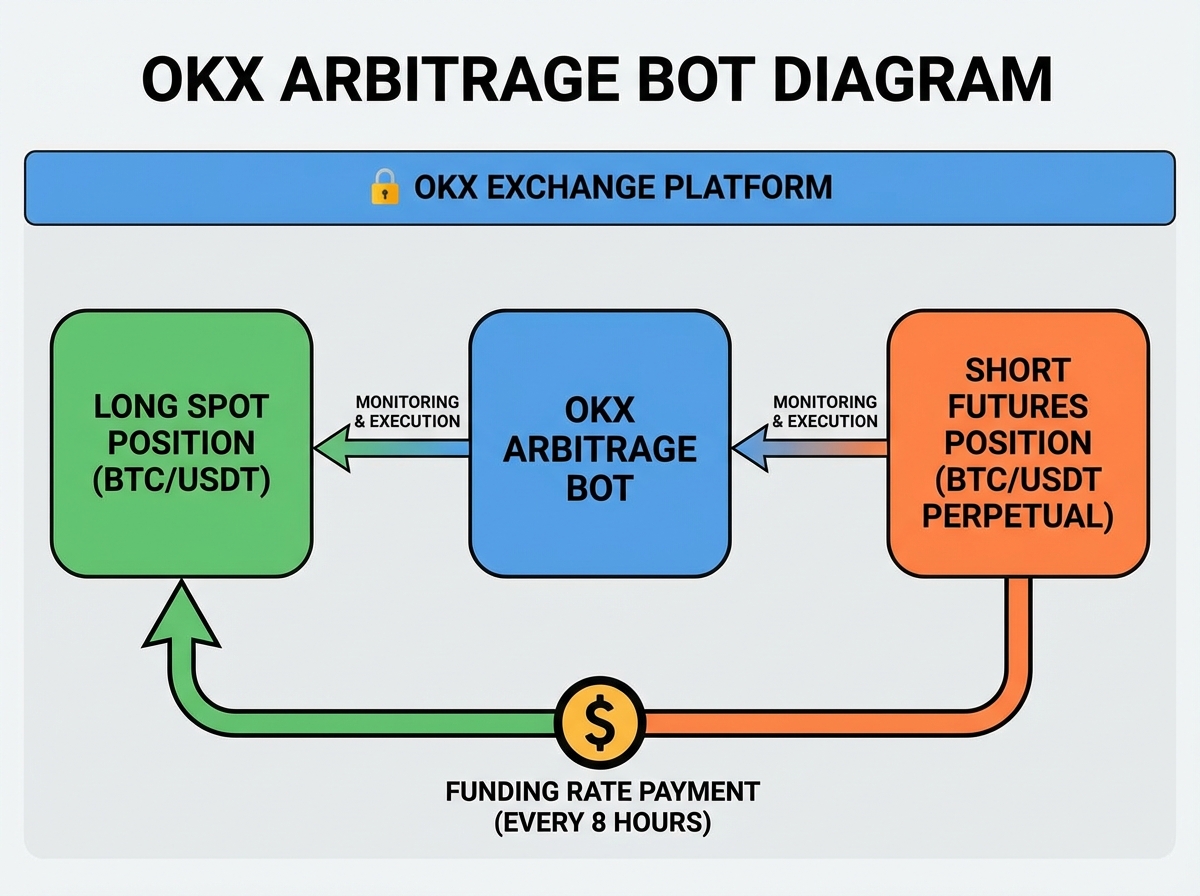 OKX Arbitrage Bot diagram showing simultaneous long spot and short futures position on BTC/USDT, with funding rate payment arrow flowing between long and short sides every 8 hours
