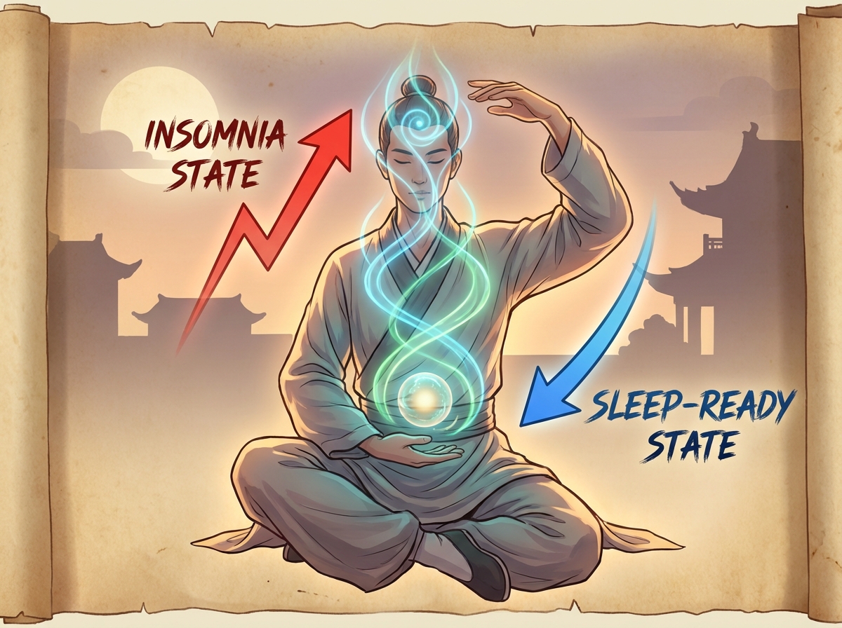 Traditional Chinese Medicine qi flow concept for sleep showing energy descending from head and chest toward lower body core during evening qigong practice, with upward arrow labeled 'insomnia state' and downward arrow labeled 'sleep-ready state'
