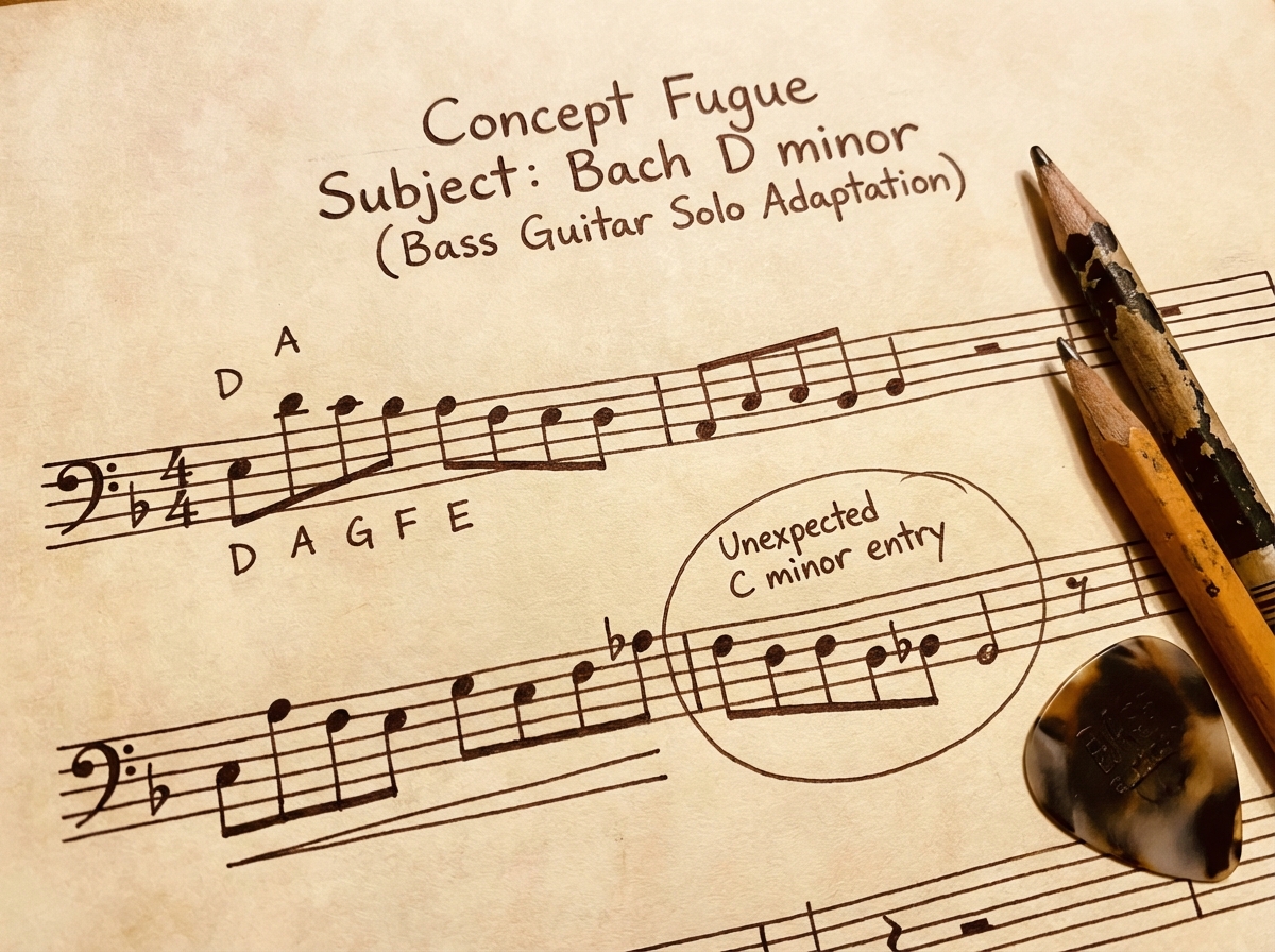 Fugue subject theme notation for Bach Toccata and Fugue in D minor showing the short melodic motif and its restatement in D minor and unexpected C minor entry, adapted for bass guitar solo