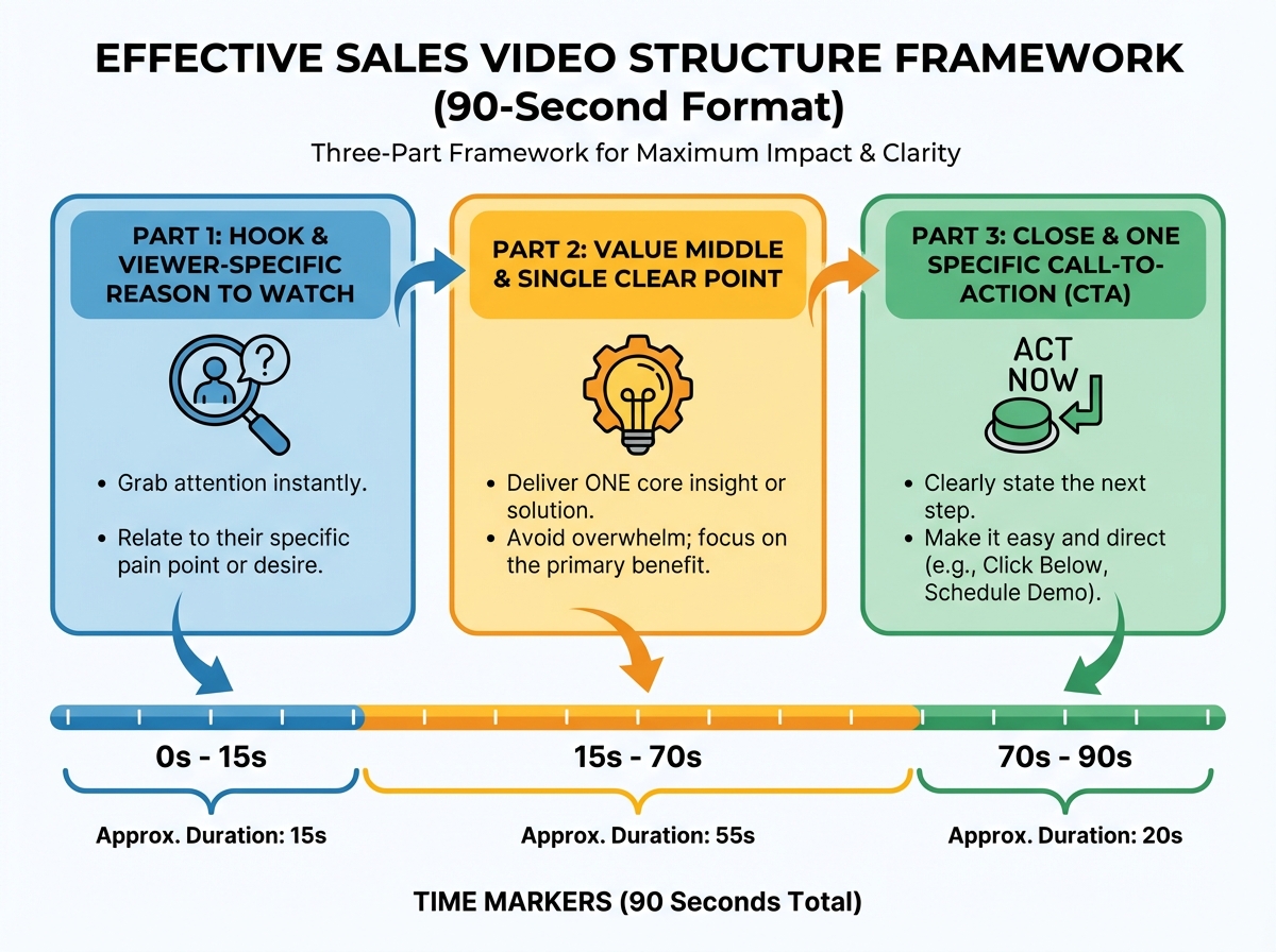 Effective sales video structure framework showing three-part format — hook with viewer-specific reason to watch, value middle with single clear point, close with one specific call-to-action — with time markers for a 90-second video