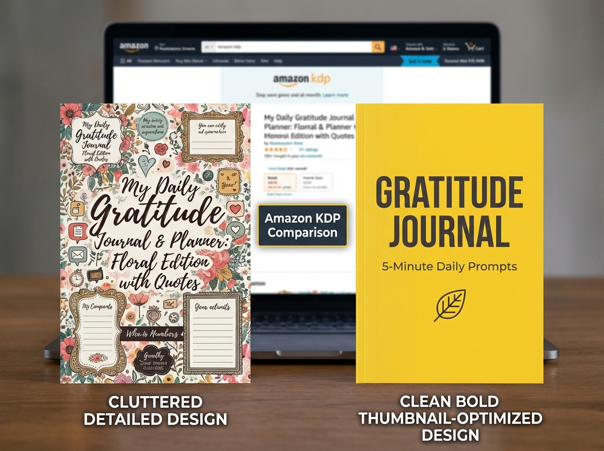 Side-by-side comparison of two Amazon KDP low content book covers showing cluttered detailed design versus clean bold thumbnail-optimized design with readable niche title
