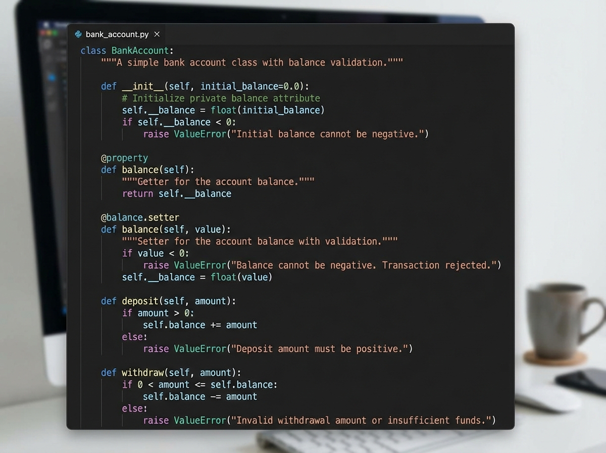 Python code showing a BankAccount with __balance private attribute, @property decorator for balance getter, and @balance.setter with validation logic preventing negative balance assignment
