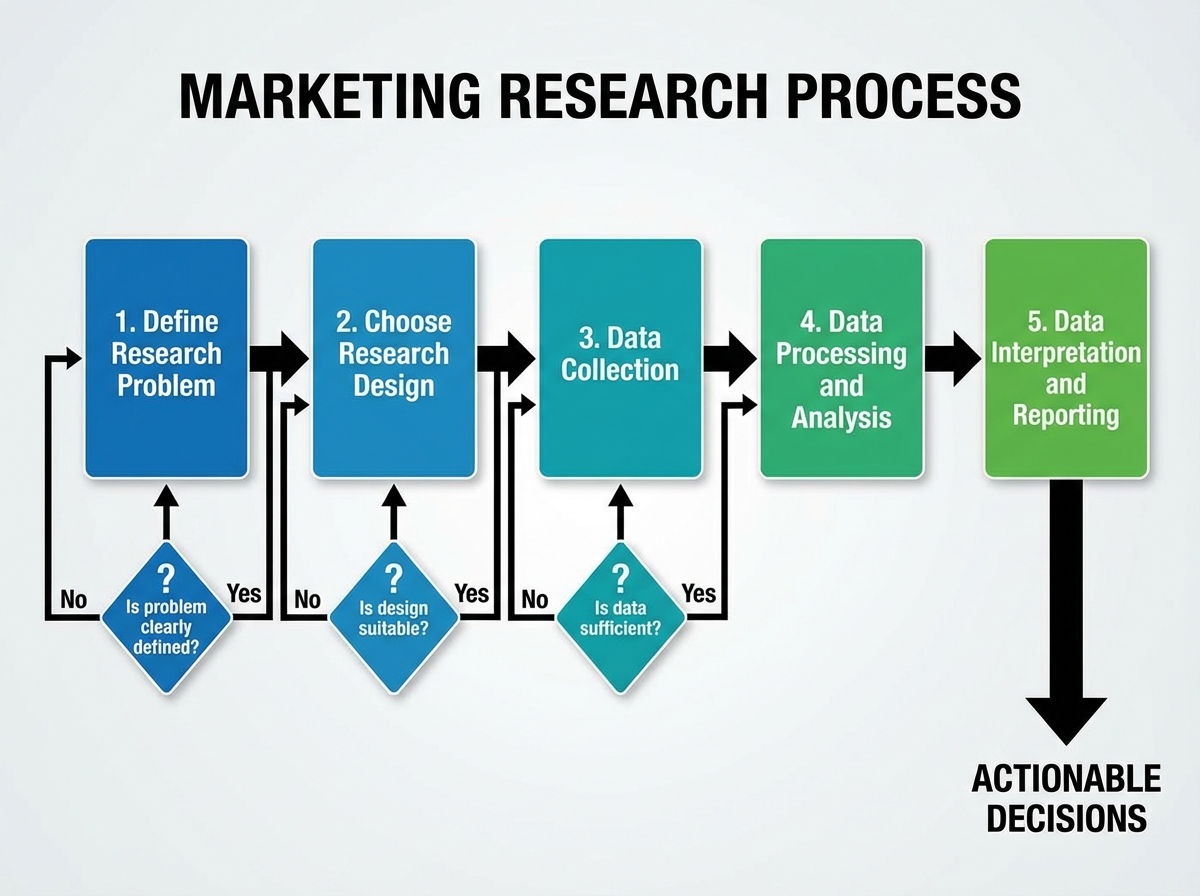 Marketing research process flowchart showing five sequential stages: define research problem, choose research design, data collection, data processing and analysis, and data interpretation and reporting with decision arrows