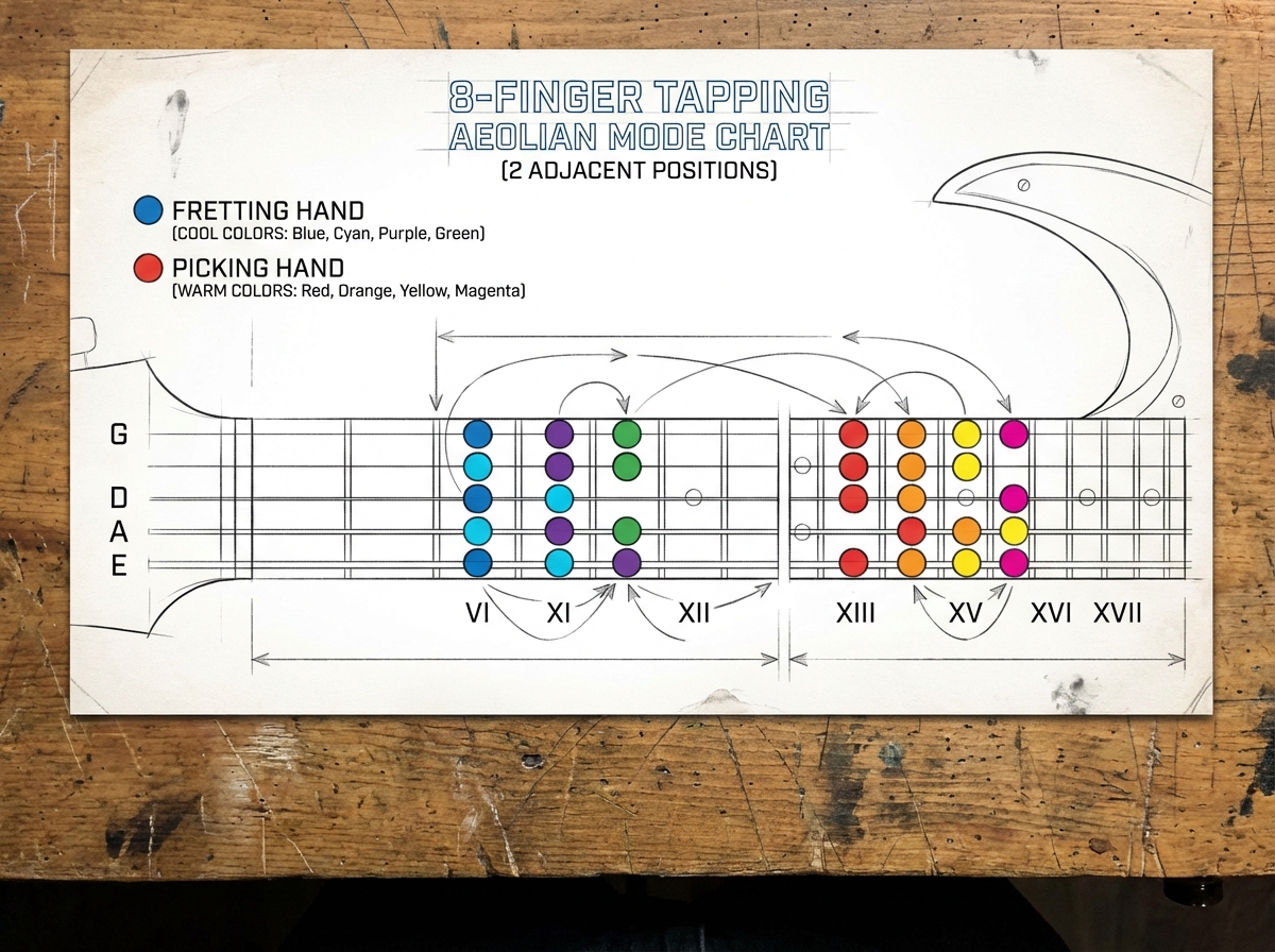 Fretboard chart showing 8-finger tapping in Aeolian mode on electric guitar with picking hand and fretting hand finger positions color-coded across four strings in two adjacent positions