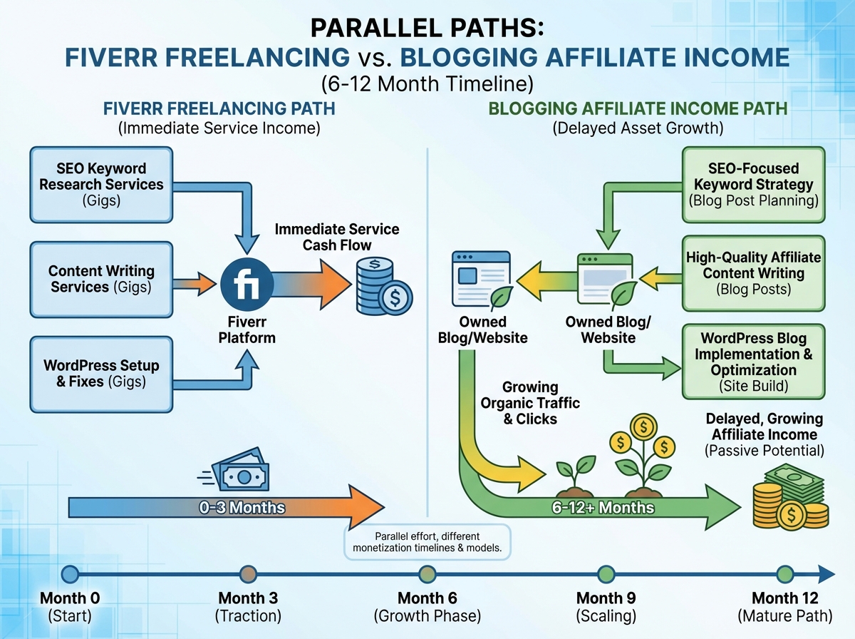Fiverr freelancing and blogging income parallel path diagram showing SEO keyword research, content writing, and WordPress services monetized on Fiverr while blog affiliate income grows over 6-12 month timeline