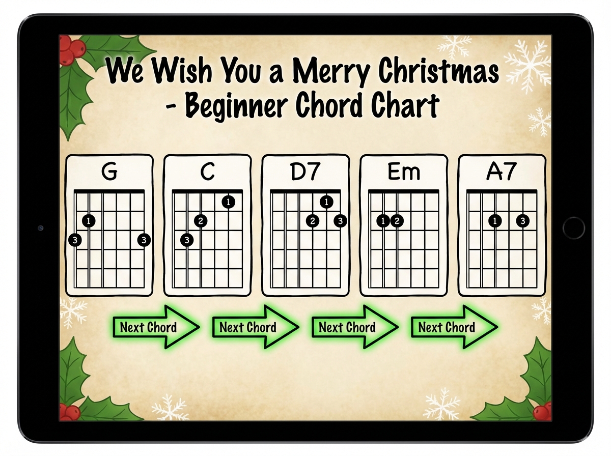 Guitar chord chart for We Wish You a Merry Christmas showing G, C, D7, Em, A7 chord diagrams with fingering positions and chord transition arrows for beginner Christmas guitar players