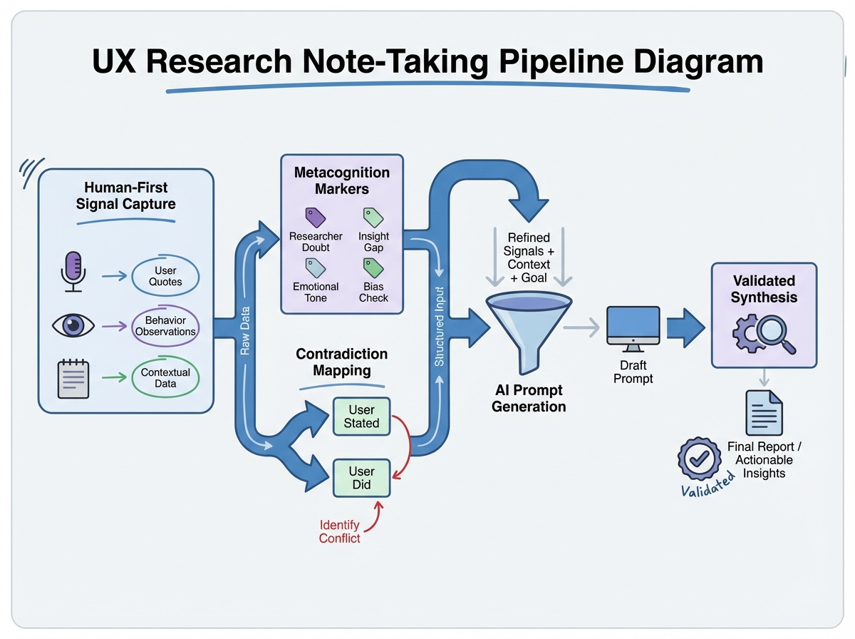 UX research note-taking pipeline diagram showing human-first signal capture flowing through metacognition markers and contradiction mapping into AI prompt generation and validated synthesis