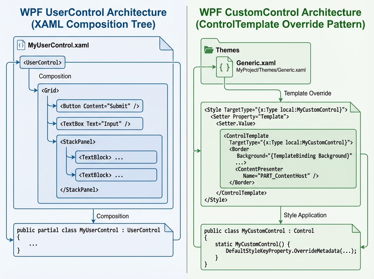 Side-by-side WPF UserControl vs CustomControl architecture showing XAML composition tree on left versus ControlTemplate override pattern on right with Generic.xaml file path