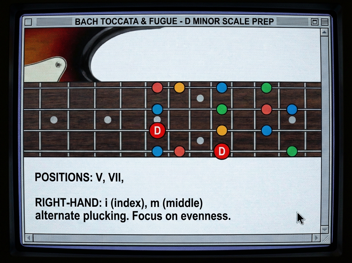Electric bass guitar fretboard showing D minor scale fingering positions used in preparatory exercises for Bach Toccata and Fugue, with position markers and right-hand technique annotations