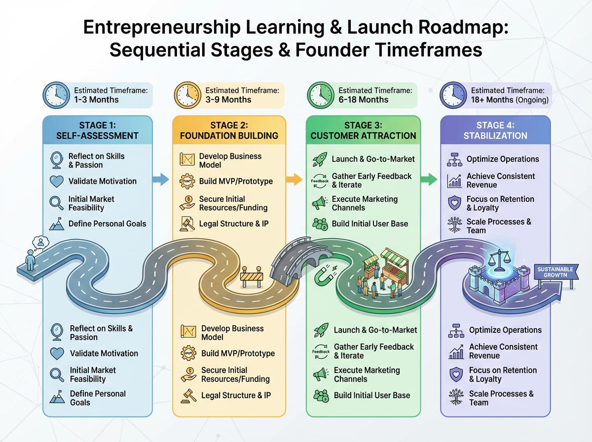 Entrepreneurship learning and launch roadmap showing four sequential stages: self-assessment, foundation building, customer attraction, and stabilization with estimated timeframes for startup founders