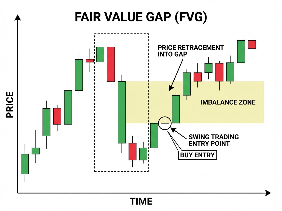 Fair value gap concept diagram on a forex price chart showing three-candle FVG formation with imbalance zone highlighted, price retracement into gap, and swing trading entry point marked