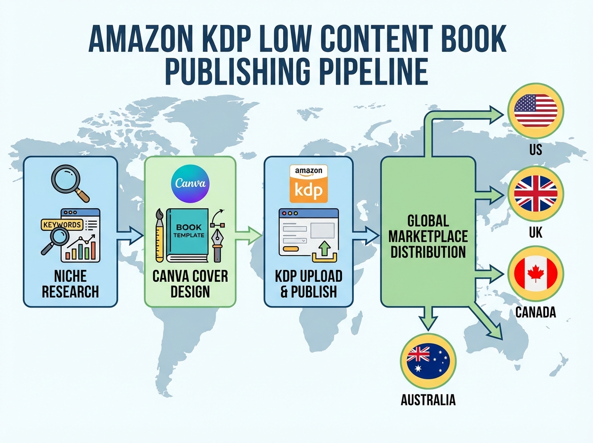 Amazon KDP low content book publishing pipeline showing niche research to Canva cover design to KDP upload to global marketplace distribution across US UK Canada Australia