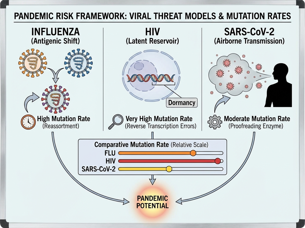 Pandemic risk framework concept showing influenza antigenic shift, HIV latent reservoir, and SARS-CoV-2 airborne transmission as three distinct viral threat models with comparative mutation rates