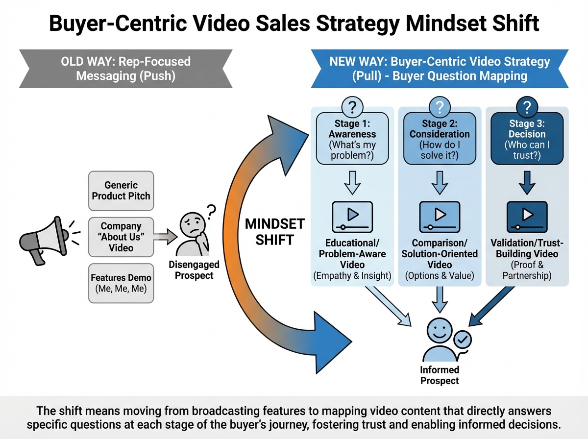 Diagram illustrating buyer-centric video sales strategy mindset shift — from rep-focused messaging to buyer question mapping, with arrows showing how each video type addresses a specific decision-stage question