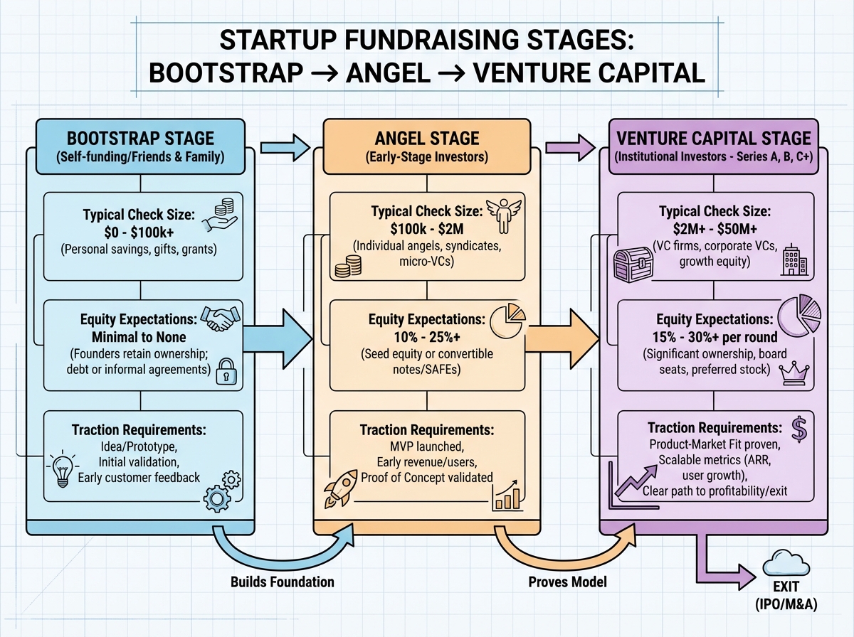Startup fundraising stages diagram showing bootstrap to angel to venture capital funding sequence with typical check sizes, equity expectations, and traction requirements at each stage