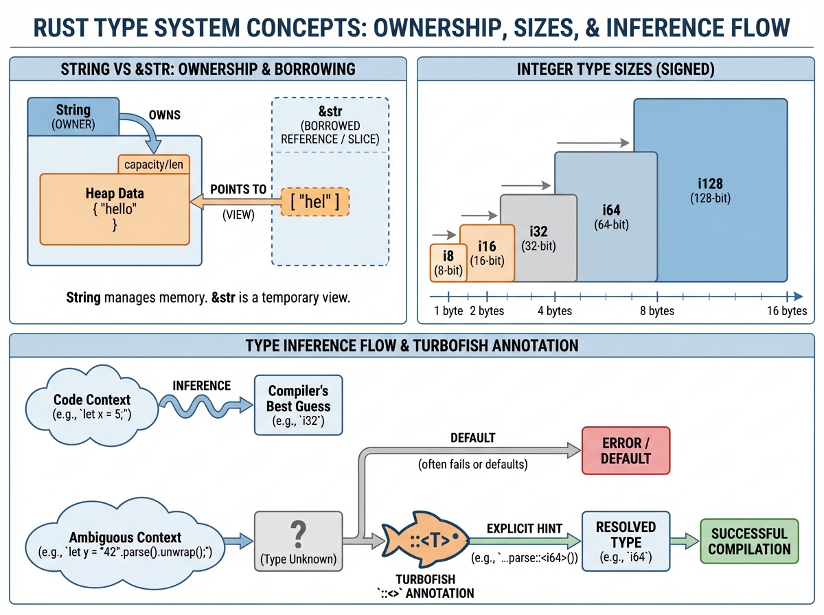 Rust type system concept diagram showing String vs &str ownership relationship, integer type sizes=