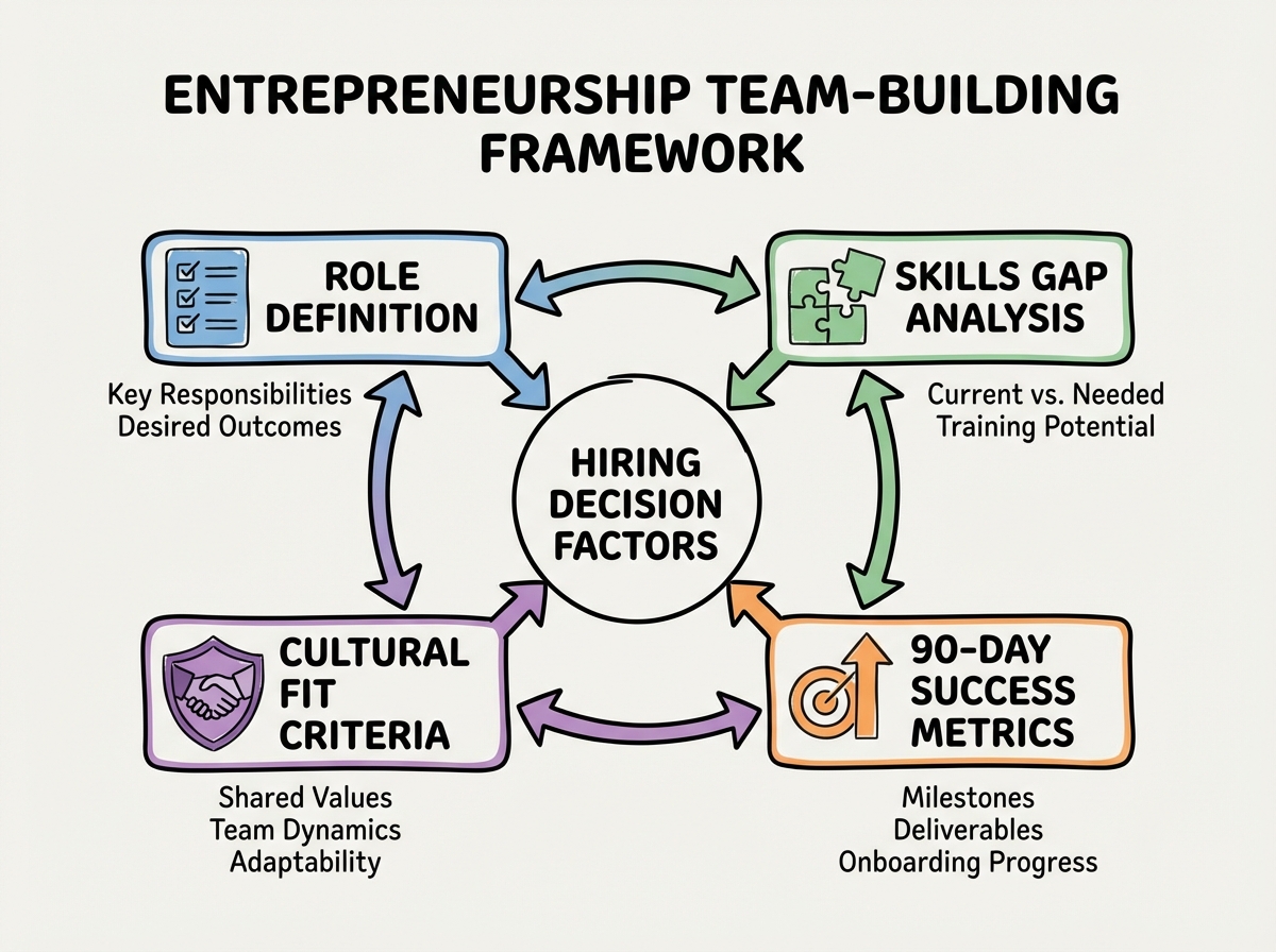 Team-building framework concept diagram for entrepreneurship showing role definition, skills gap analysis, cultural fit criteria, and 90-day success metrics as interconnected hiring decision factors