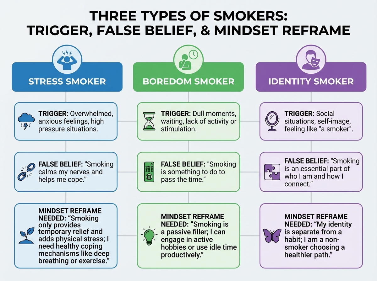 Three types of smokers comparison — stress smoker, boredom smoker, and identity smoker — showing trigger, false belief, and mindset reframe needed for each type