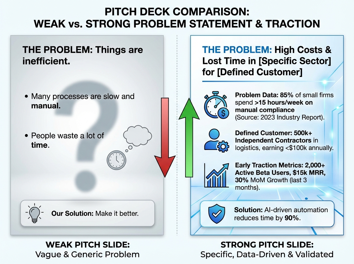 Pitch deck comparison showing weak pitch slide with vague problem statement versus strong pitch slide with specific problem data, defined customer, and early traction metrics for entrepreneurship