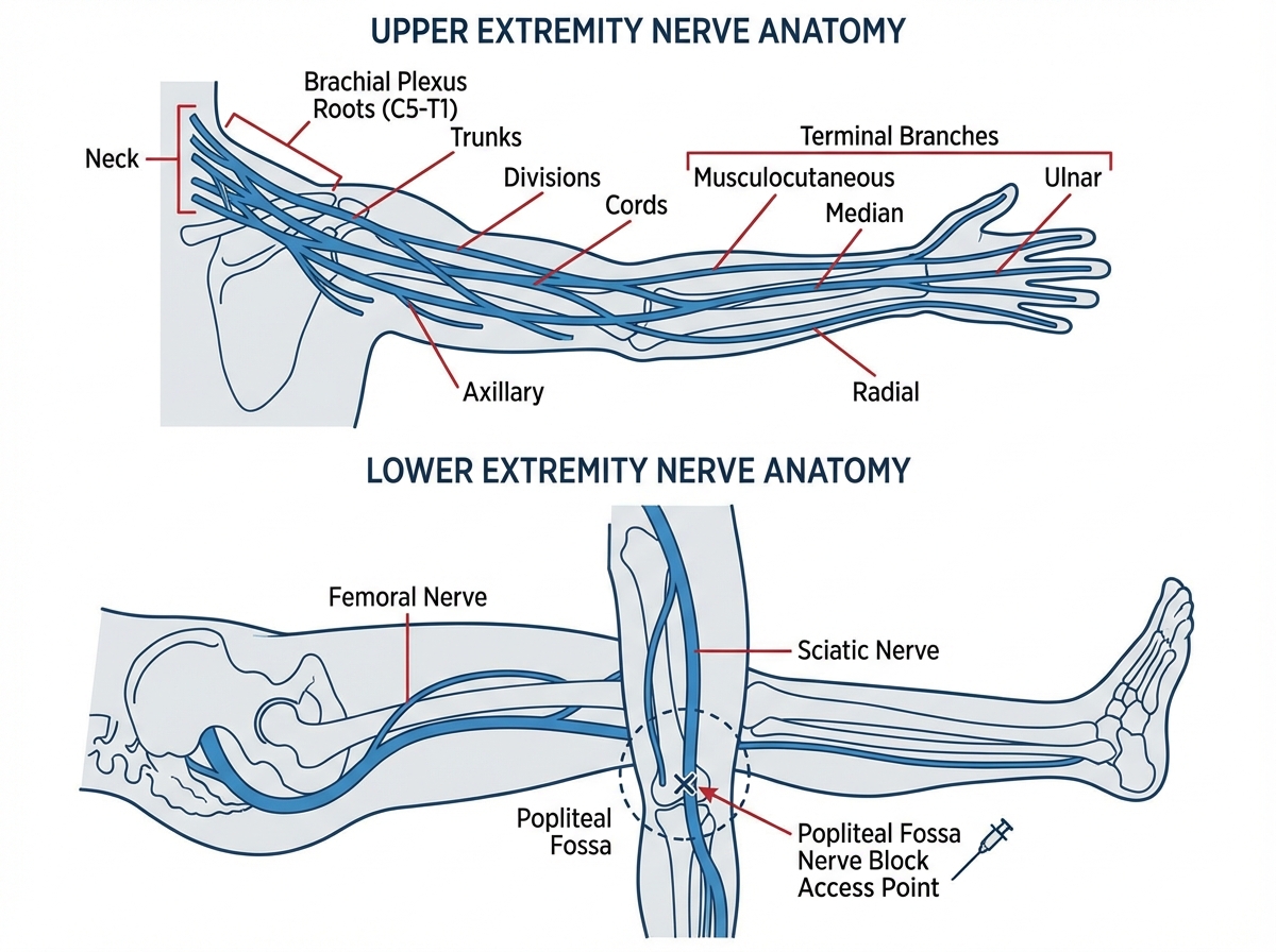 Upper and lower extremity nerve anatomy for anesthesia showing brachial plexus roots and terminal branches, femoral nerve, sciatic nerve, and popliteal fossa nerve block access point