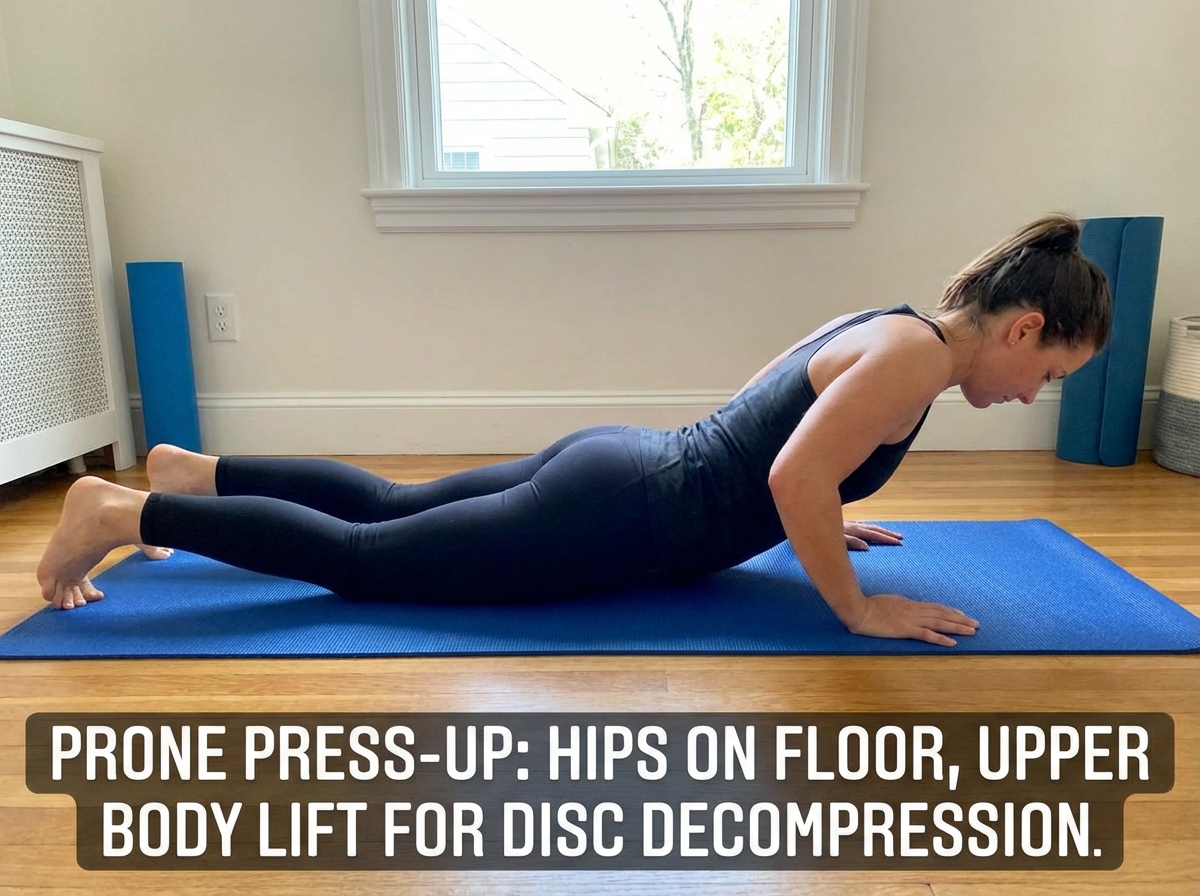 Person performing prone press-up lumbar extension exercise on a yoga mat for lower back pain relief, showing correct hip-to-floor position and upper body lift for disc decompression