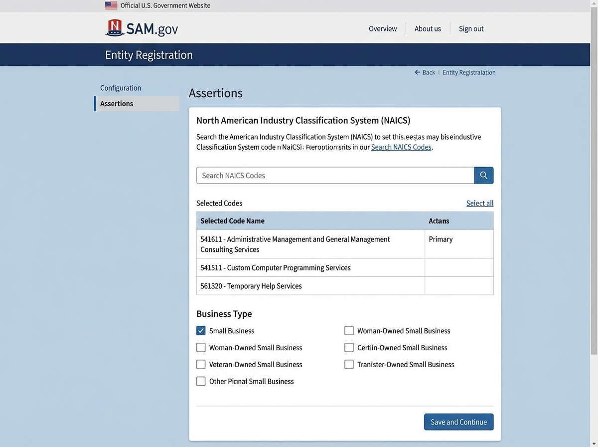 SAM.gov entity registration screen showing NAICS code entry fields and business type selections for a small business government contractor completing their vendor profile