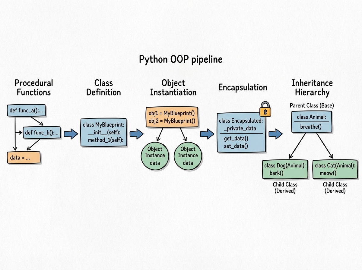 Python OOP pipeline diagram showing progression from procedural functions to definition, object instantiation, encapsulation with private attributes, and inheritance hierarchy with parent and child classes