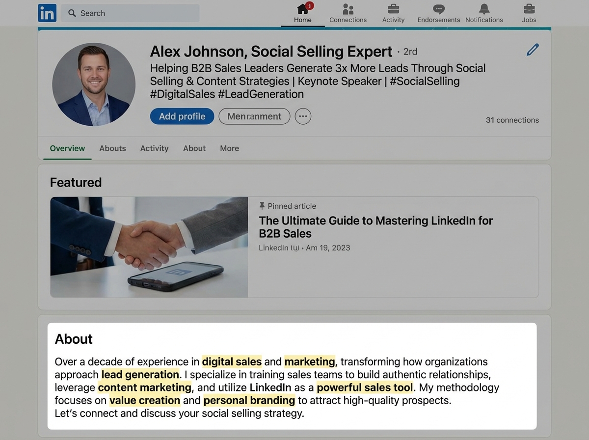LinkedIn profile screenshot showing optimized headline with value proposition, featured content section with pinned article, and keyword-rich About section for social selling
