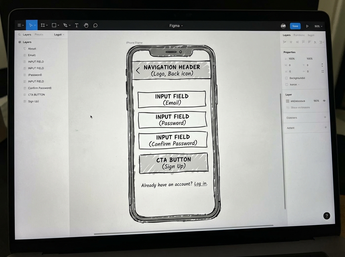 Low-fidelity wireframe in Figma showing a mobile app sign-up screen with labeled placeholder boxes for input fields, CTA button, and navigation header on iPhone frame