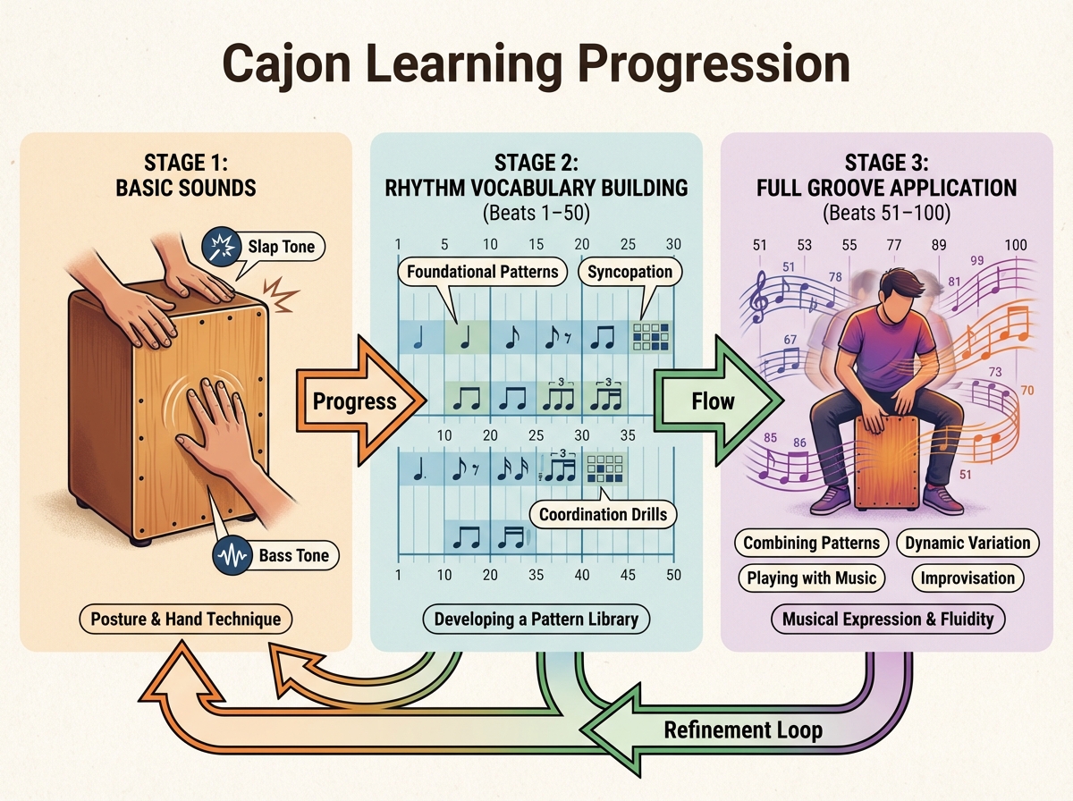 Cajon learning progression diagram showing three stages: basic sounds, rhythm vocabulary building from beats 1–50, and full groove application from beats 51–100 with arrows connecting each stage