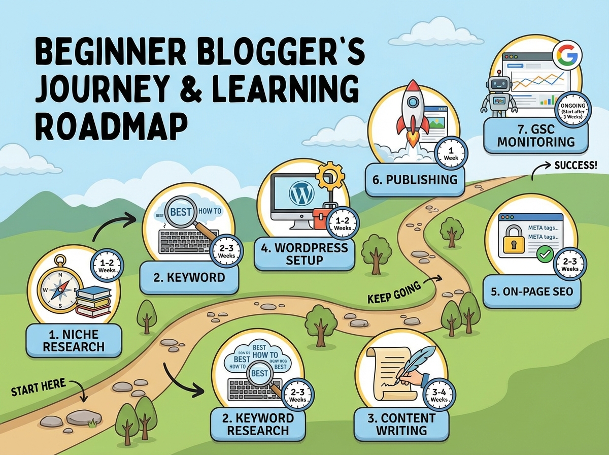 Blogging for beginners learning roadmap with sequential stages: niche research, keyword research, content writing, WordPress setup, on-page SEO, publishing, and Google Search Console monitoring with estimated timeframes