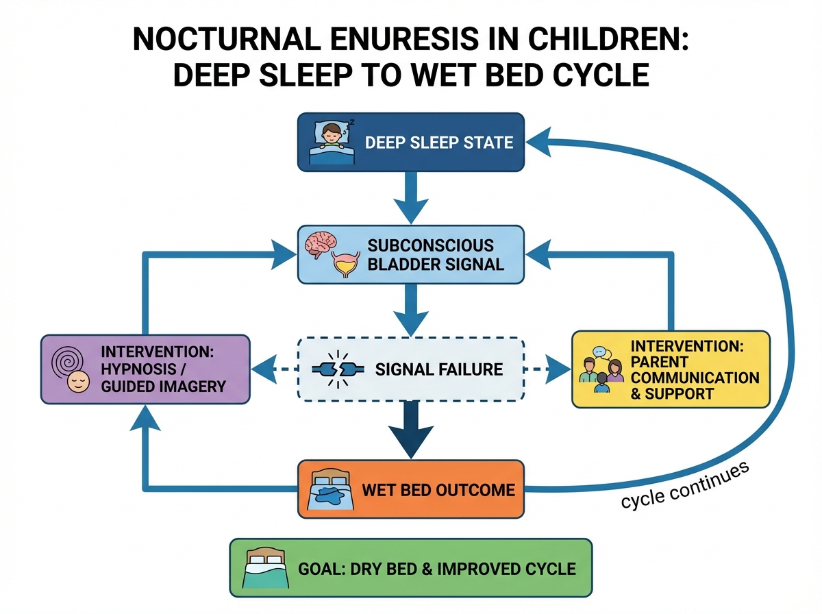 Nocturnal enuresis in children flowchart showing the cycle from deep sleep state through subconscious bladder signal failure to wet bed outcome, with intervention points for hypnosis and parent communication