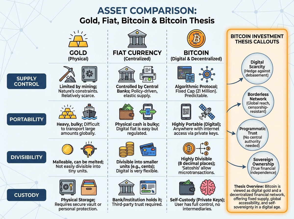 Side-by-side comparison of gold, fiat currency, and Bitcoin showing supply control, portability, divisibility, and custody — with Bitcoin investment thesis callouts