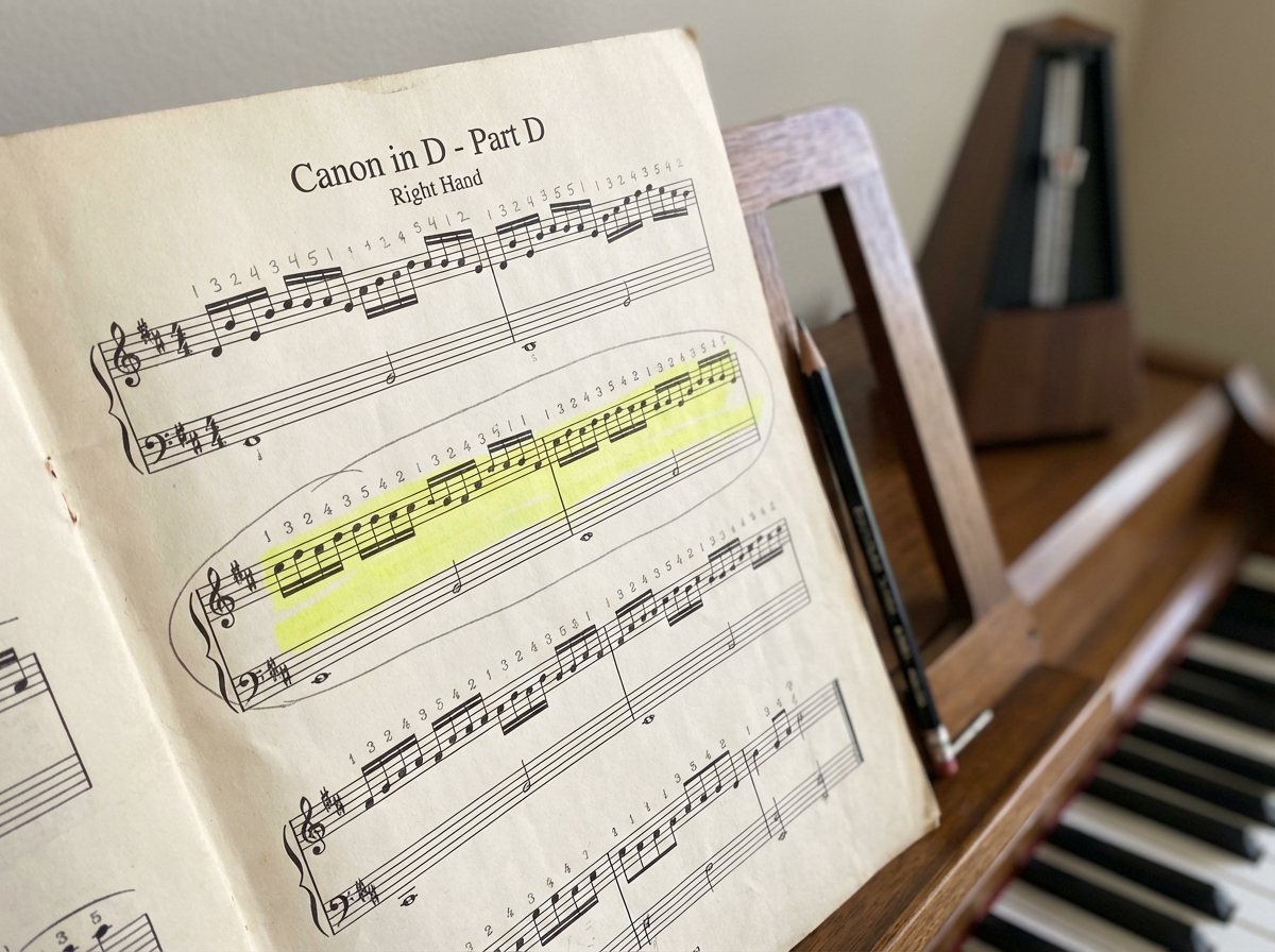 Piano sheet music showing Canon in D Part D right hand passage with eighth note runs and fingering numbers, highlighting a single measure being isolated for slow practice