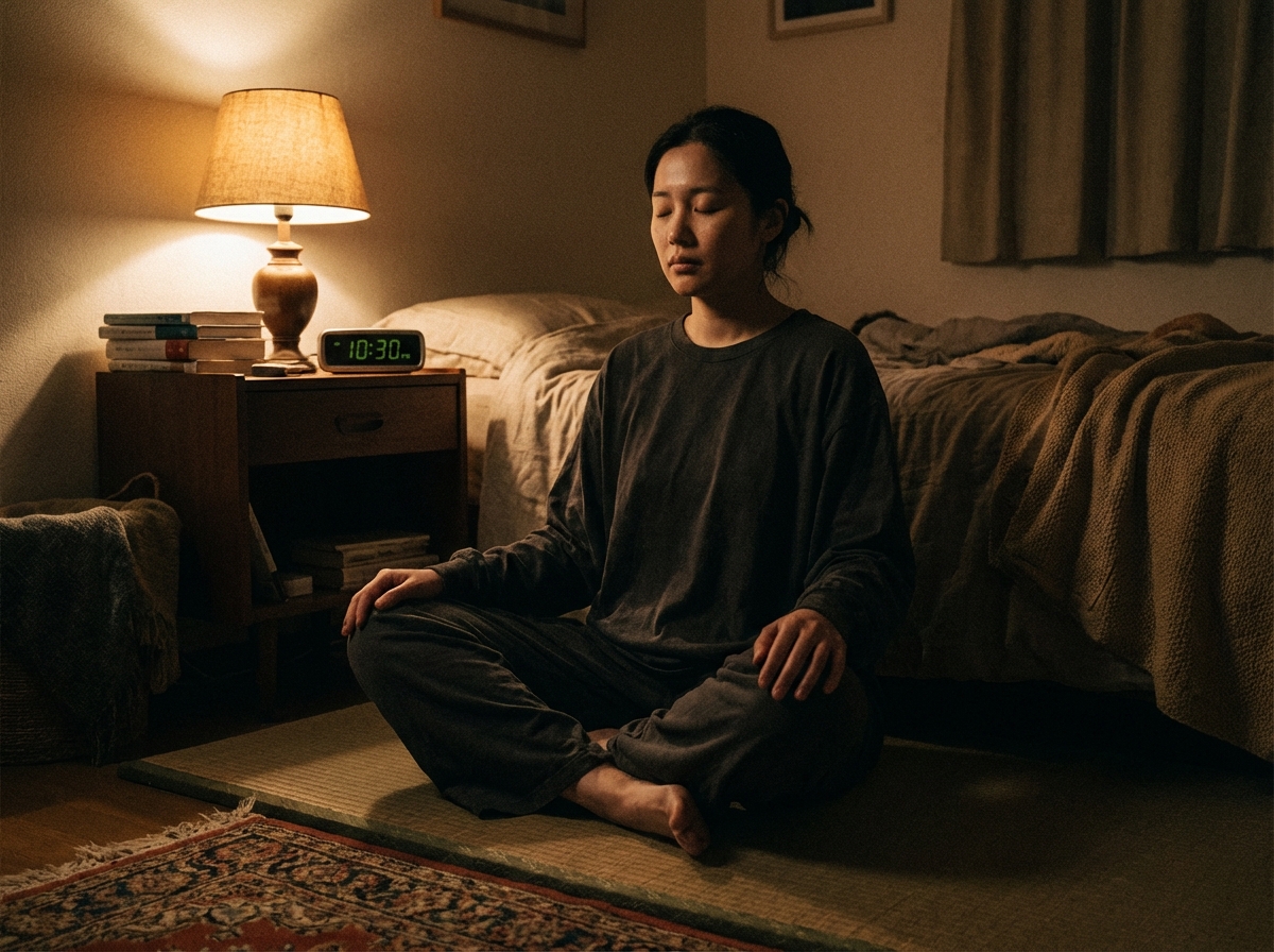 Person sitting in dim room in gentle qigong meditation posture before bedtime, eyes closed, hands resting on knees, illustrating body-anchored awareness practice distinct from traditional mindfulness meditation