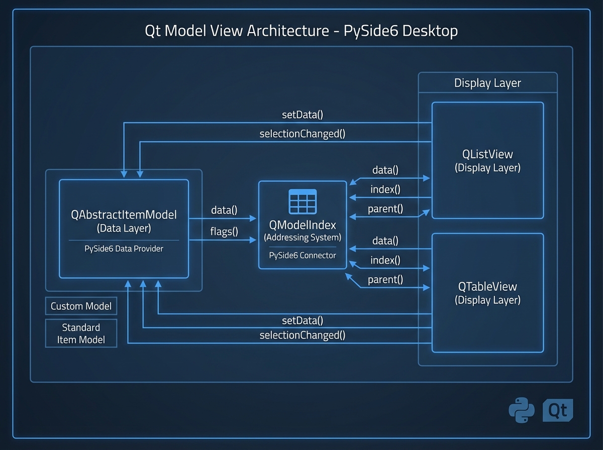 Qt Model View Architecture concept diagram showing separation between QAbstractItemModel data layer, QListView and QTableView display layer, and QModelIndex addressing system with arrows indicating data flow for PySide6 desktop applications