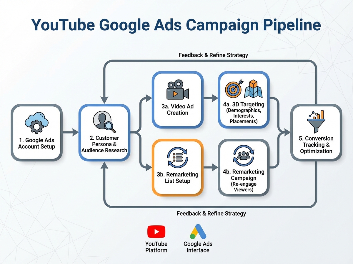 YouTube Google Ads campaign pipeline diagram showing the flow from Google Ads account setup through customer persona, video ad creation, 3D targeting, and remarketing to conversion tracking