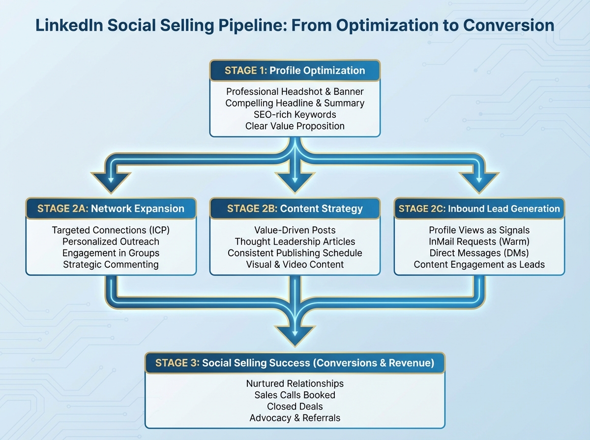 LinkedIn social selling pipeline diagram showing profile optimization flowing into network expansion, content strategy, and inbound lead generation with labeled stages